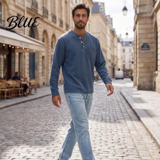 Versatile Ribbed Cuff Pullover Men Corduroy Shirt, Long Sleeve Button Collar with Chest Pocket, Layering Shirts for Loose Fit Textured Sweatshirt Fall