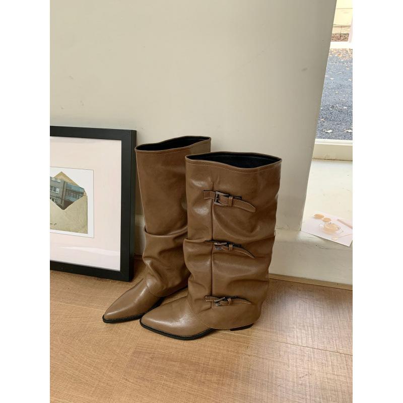 

2025 Two-wear leg fine bear height increase 6cm belt buckle square round head fold medium and high tube knight boot leather explosion 39