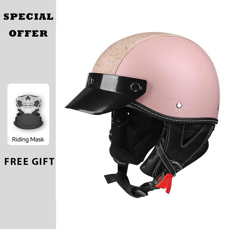 Brown Grid Half Helmet Leather Men Women Half Face Motorcycle Helmets Electric Cruiser Lightweight Small Shell DOT Approved