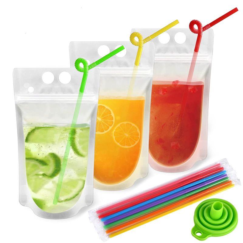 

AEE4-100Pcs Reusable Drink Pouches With 100 Individually Wrapped Straws For Adults Clear Drink Bags With Disposable