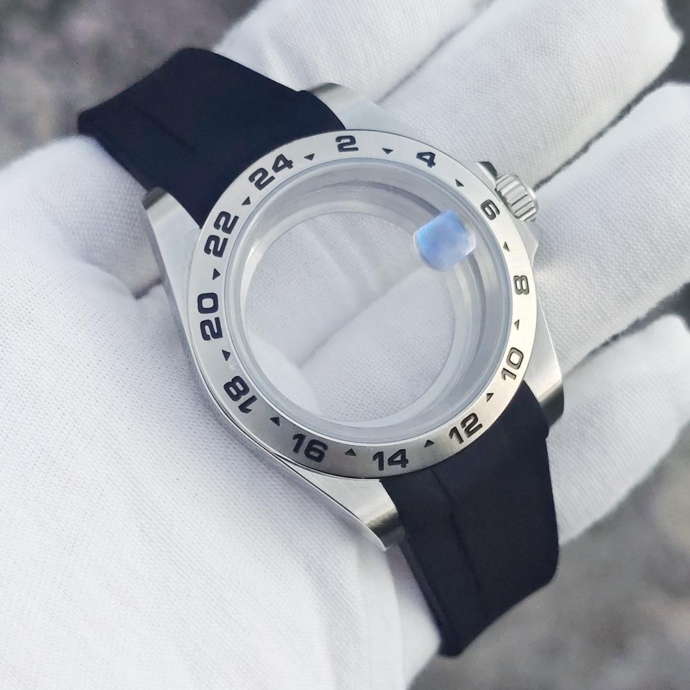 39mm Old EXP 24 Hour GMT Steel Bezel Watch Case for NH34 NH35 NH36 Sapphire Glass Explorer Case Accessories Silicone Strap