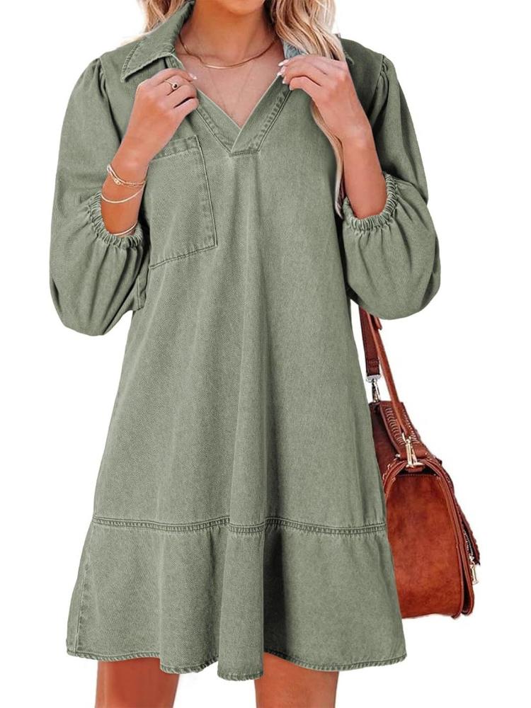 

Beige Denim V-Neck Puff Sleeve Dress with Chest Pocket XS зелений
