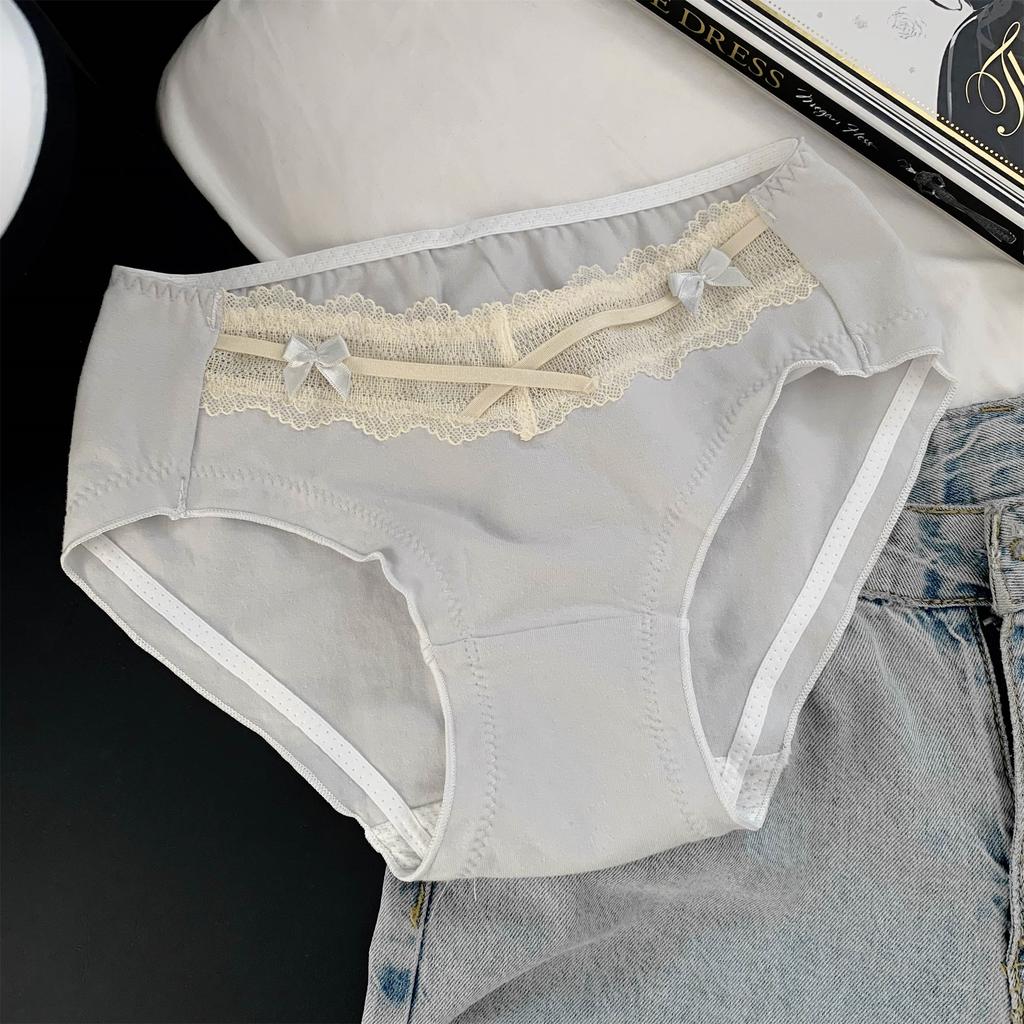 Women Sweet French Style Lace Solid Antibacterial Mid Waist Cotton Panties
