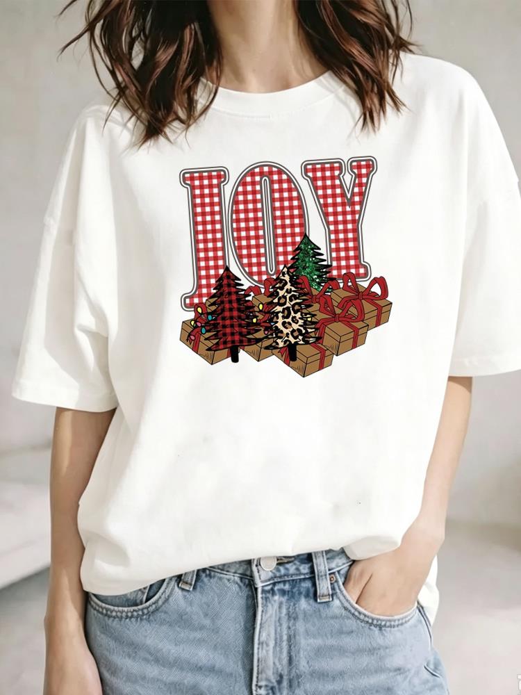 (Asian Size) Christmas Festival Tee Top New Year tree letter cute Clothing T Shirt Women Fashion Print Female Woman Short Sleeve Graphic T-shirts