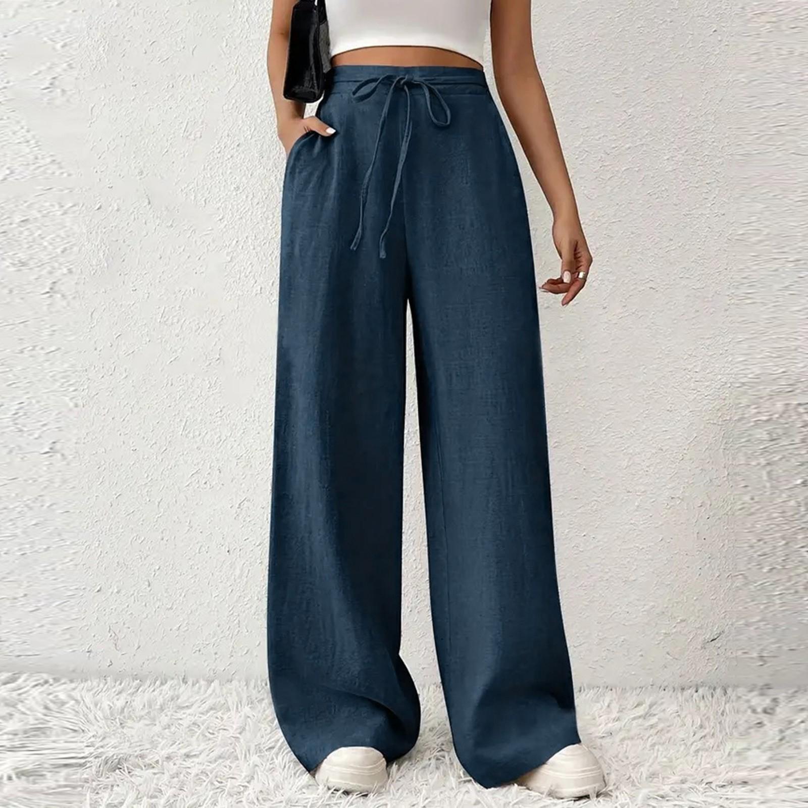 

Women s Casual Solid Color High-waisted Wide-leg Pants M тёмно-синий