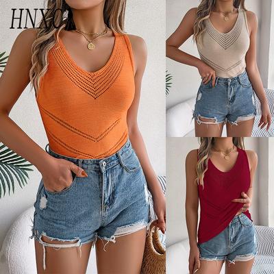 Spring Summer Casual V-neck Cut-out Knitted Sweater for Vacation Top Women's Wear