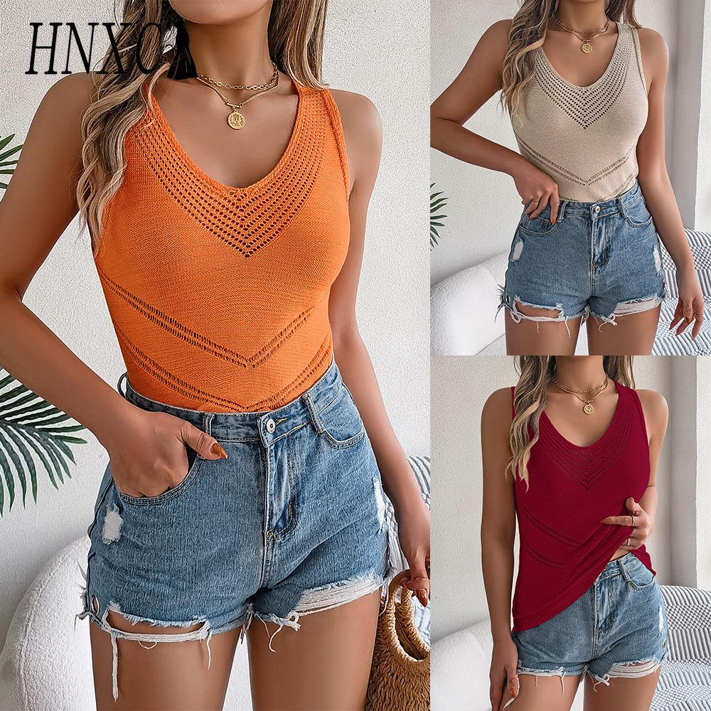 HNXC Spring Summer Casual V-neck Cut-out Knitted Sweater for Vacation Top Women's Wear