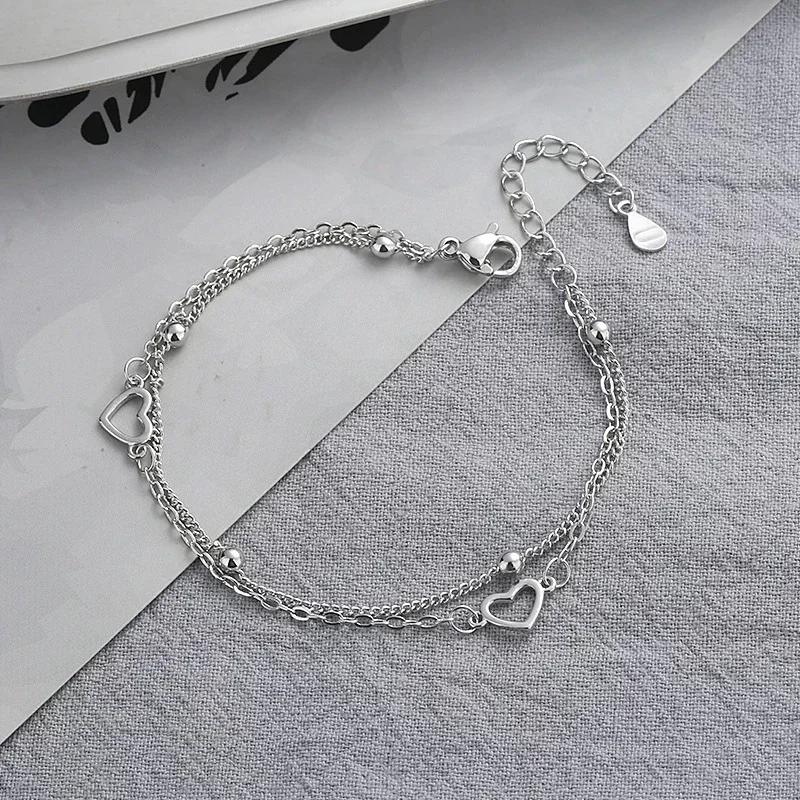 

925 Silver Double Love Heart Hollow Round Beads Bracelet Female Fashion Romantic Jewelry Classic Adjustable Gifts серебряный