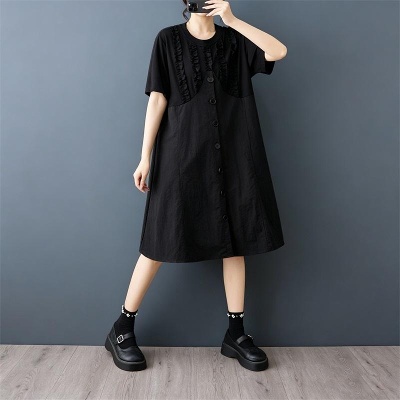 short sleeve Plus size black vintage Patchwork new in dresses for women casual loose Midi summer dress