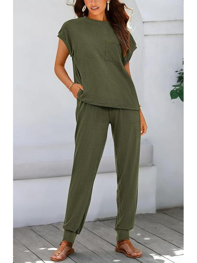 2026 Sommer Damen Zweiteiliges Gestreiftes Jogging-Set: Kurzarm-Oberteil & Lange Hose