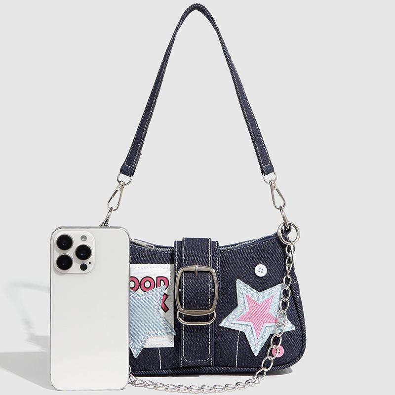 Premium Denim Canvas Bag Bag Women'S Versatile Chain Underarm Bag Fashion Shoulder Baguette Bag