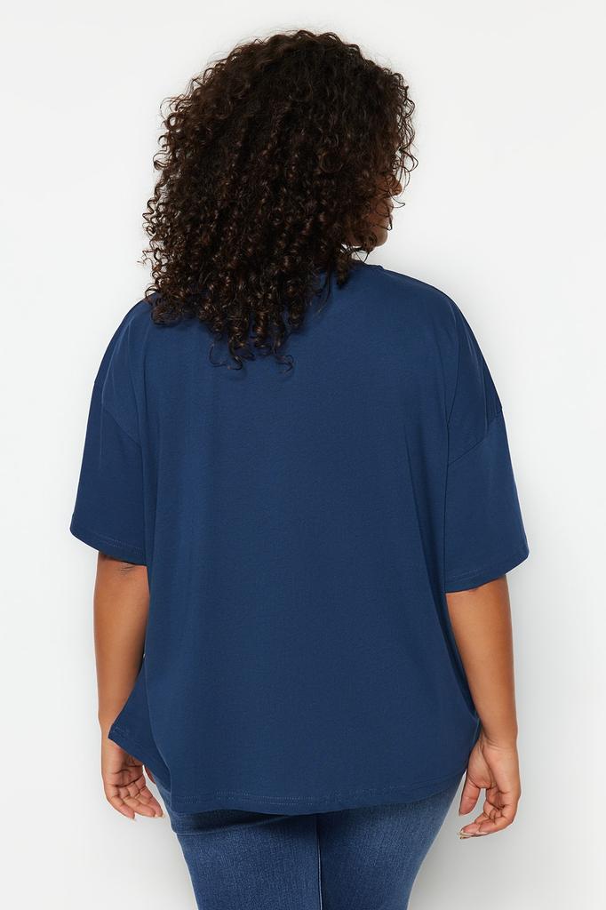 Tricou de bază tricotat de bază cu guler cu guler, stil de damă, albastru marin