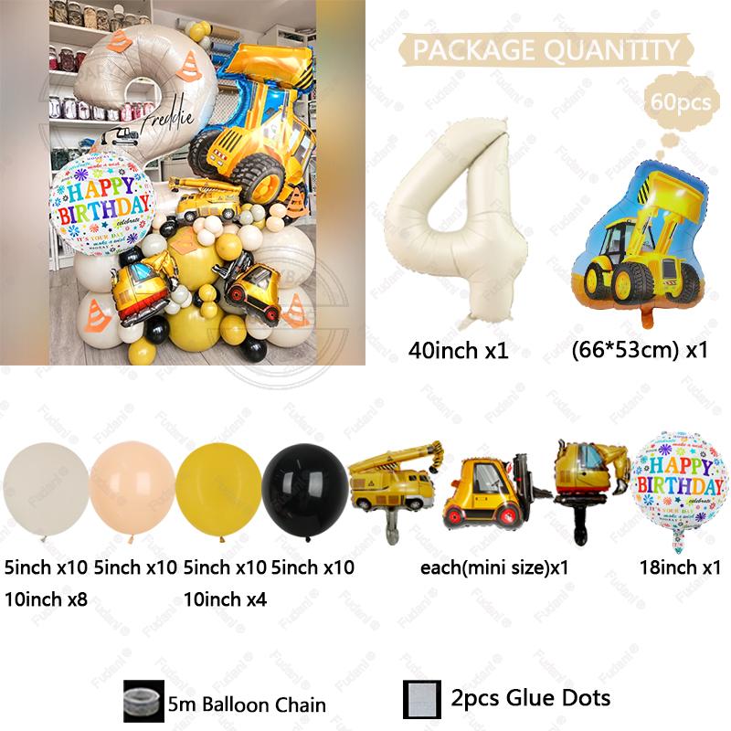 60pcs Construction Vehicle Balloon Cream White Number Birthday Balloon Set Architecture Theme Party Decoration Festival Supplies