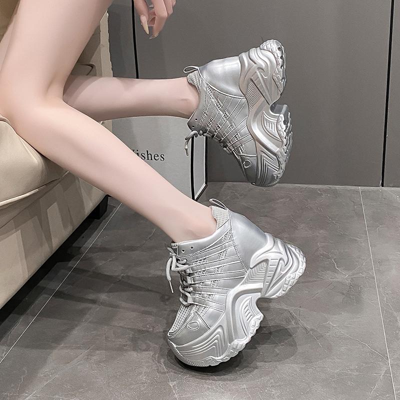 Fashion 2024 Spring Autumn Chunky Sneakers Women Bling Platform Sports Shoes Woman Goth Thick Bottom High Heels Female Leather Sneakers