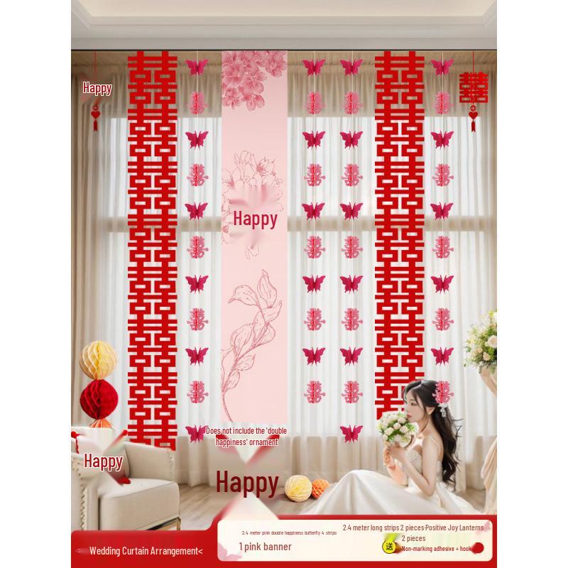 Wedding Room Decor Set: Double Happiness Curtains, Bay Window Trim, Bedroom Bows