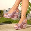Rose Print Peep Toe Sandals Women 2025 Summer Wedge Heels Back Strap Shoes Women Soft Sole Non Slip Beach Sandals