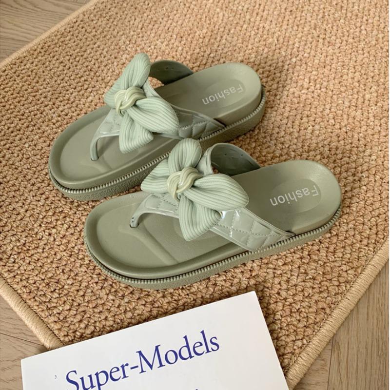 Cute Women Summer Wave Point Bow Slippers Outer Wear Fashion Thick-soled Indoor Herringbone Home Sandals Beach Shoes