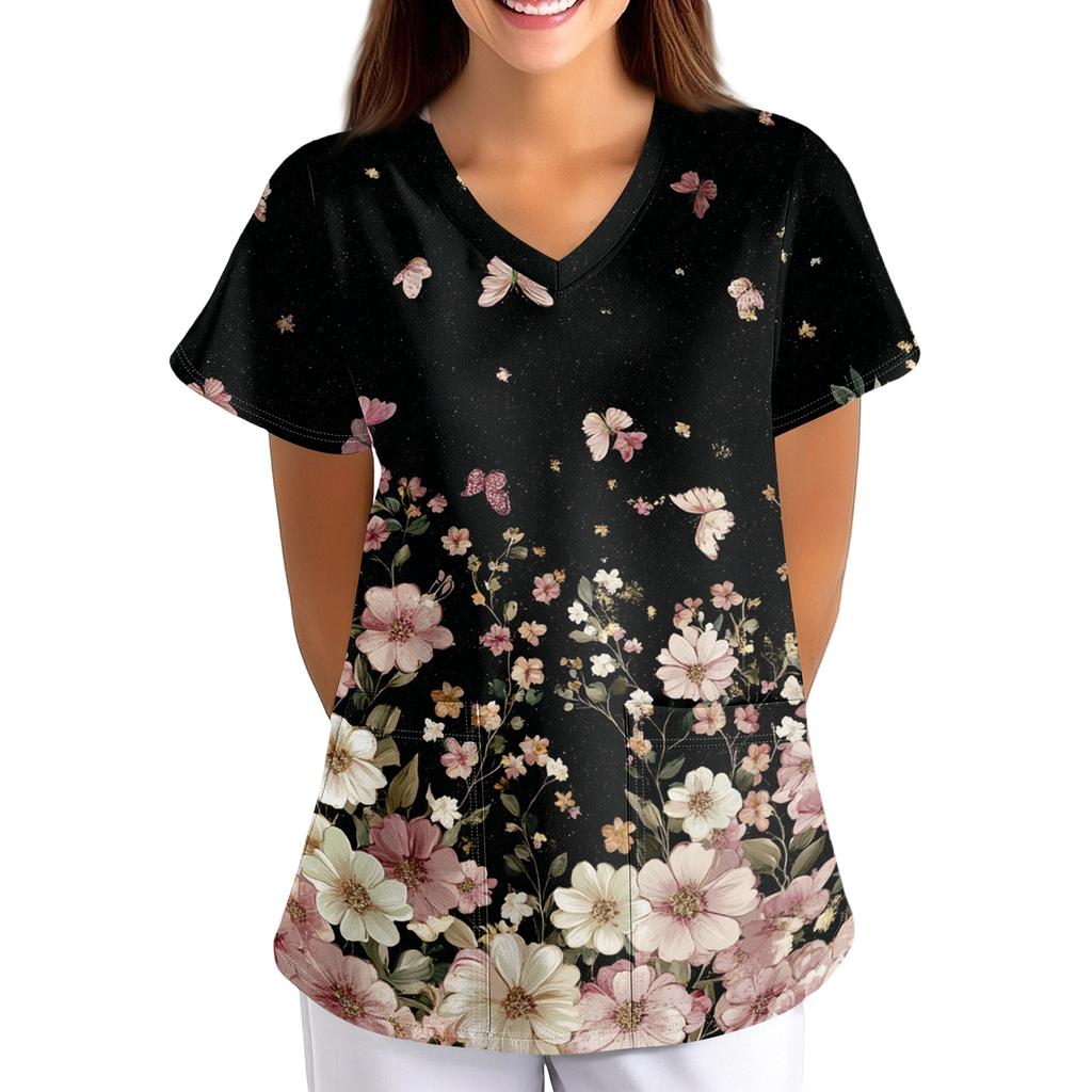 Loose Fit V Neck Short Sleeve Medical Scrub Top with Pockets for Nurses Caregivers Floral Print Comfortable Workwear
