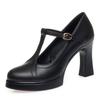 Fashion One-Line Button Single Shoes Women Summer New Thick Heel Model Catwalk Shoes Commuting Waterproof Platform Leather Shoes Black