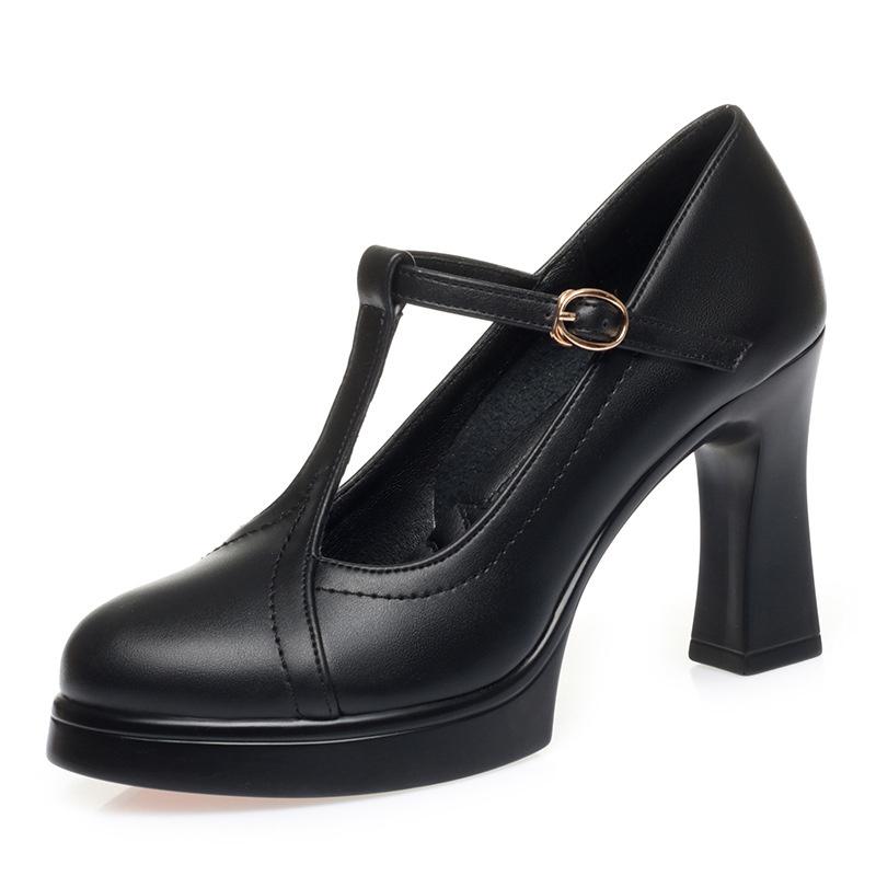 One-Line Button Single Shoes Women Summer New Thick Heel Model Catwalk Shoes Commuting Waterproof Platform Leather Shoes Black