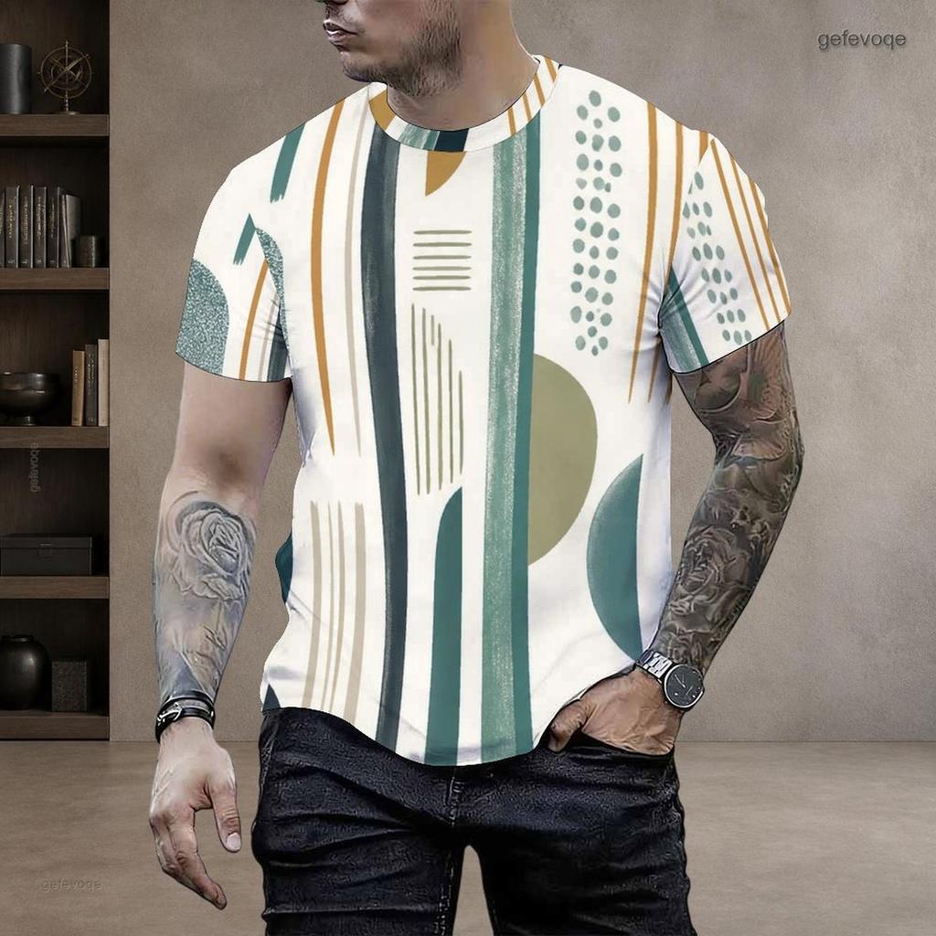 Men Plus Size Round Neck Short Sleeve Striped Geometric Printed T Shirt