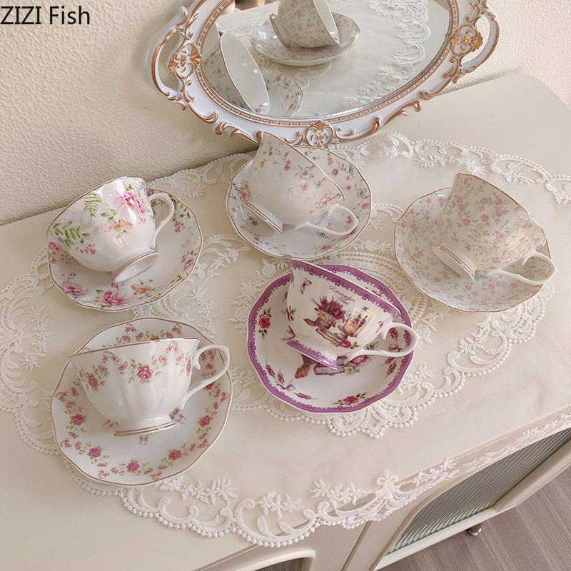 Floral Pattern Ceramic Cup&saucer Dining Table Gold-plated Coffee Mug Milk Tea Cup Afternoon Tea Teacup Fruit Juice Container