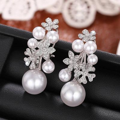 Huitan Aesthetic Women Imitation Pearl Drop Earrings Inlaid Shiny CZ for Wedding Party Flower Design Versatile Jewelry