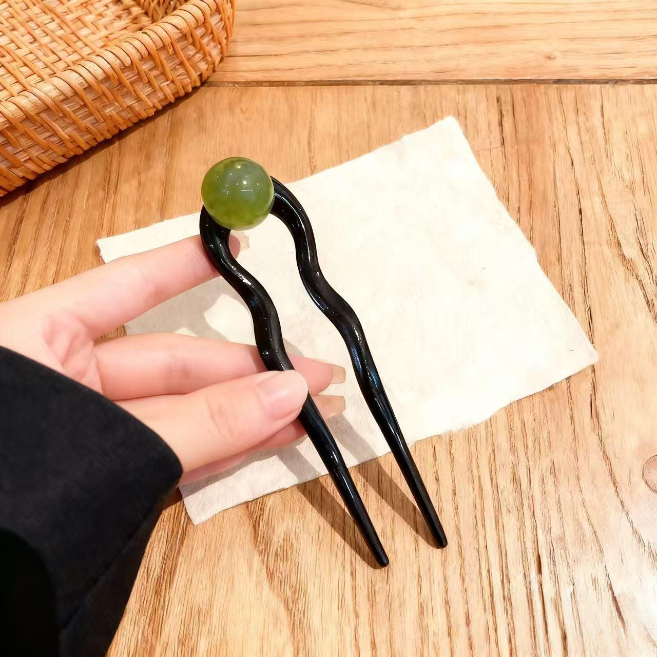 Elegant 2025 U-shaped Coconut Jelly Hairpin for Women, Retro Chinese Style Bun Accessory зелёный