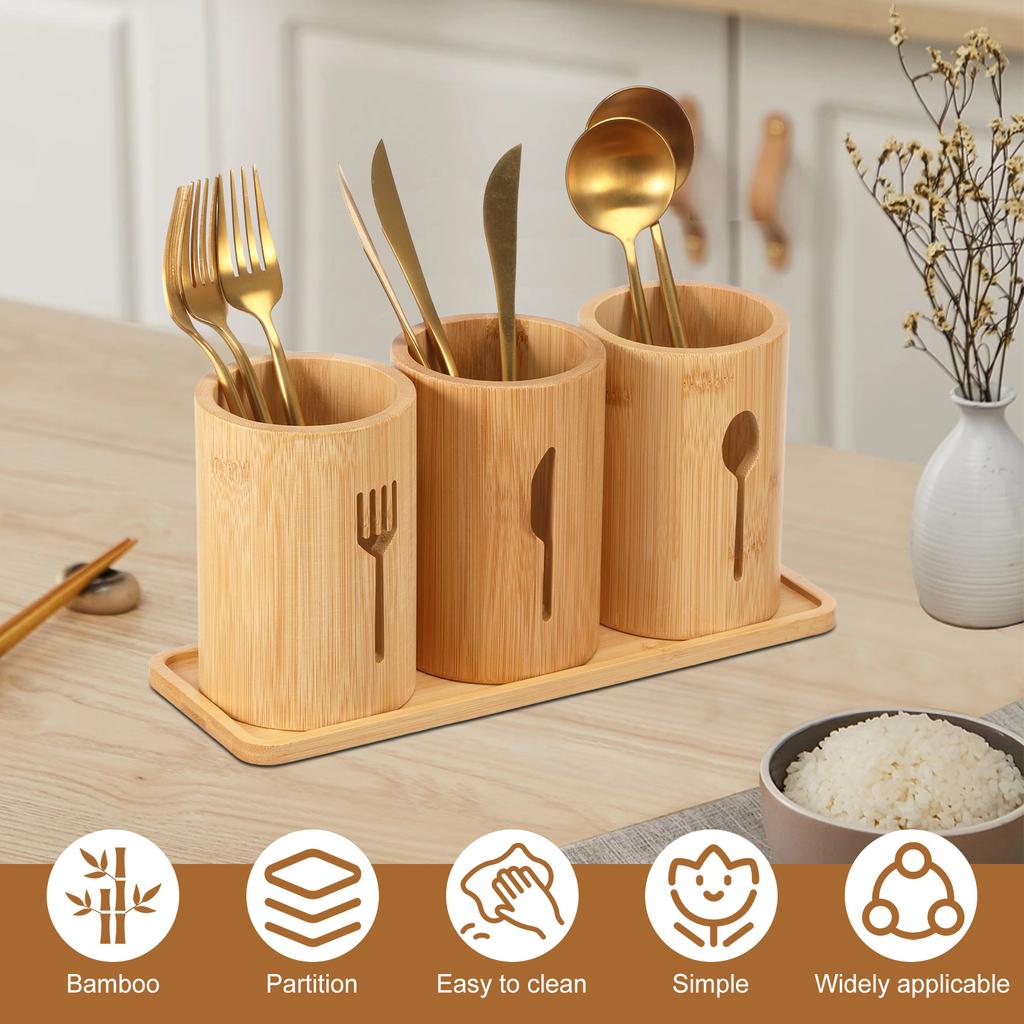3 Pcs Bamboo Utensil Holder with Tray Cutlery Containers Drying Rack Kitchen Knife Spoon Fork Storage Tableware Organizer