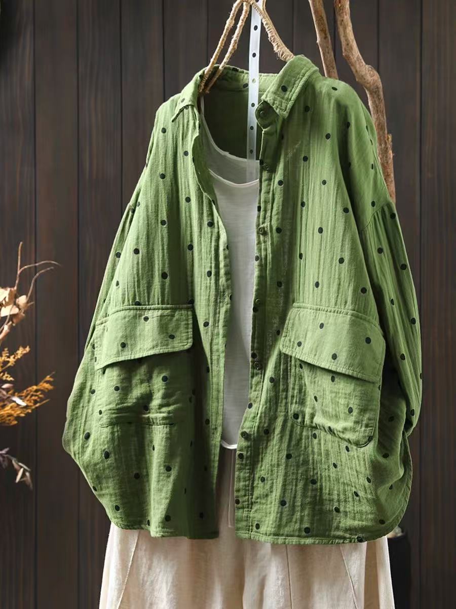 

Johnature Женские рубашки в горошек Топы Блузки с отложным воротником Весенние пуговицы Длинные рукава Карманы Женские рубашки One Size зелёный