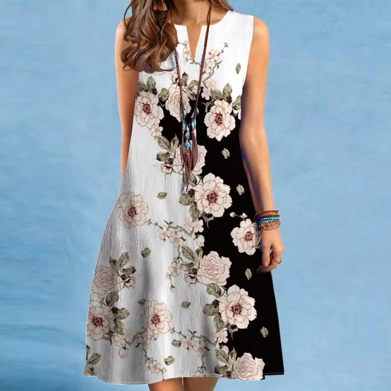European American Cross Border Pullover Women Long Dress V Neck Sleeveless Sexy Print Large Loose Hem Foreign Trade Summer Beach Boho