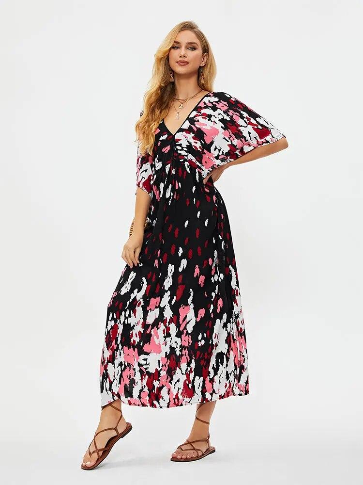 EDOLYNSA Ležérní Výstřih do V Krátký rukáv Třásně Dlouhé šaty Tunika Dámské Letní Oblečení Plážové Oblečení Plavky Zakrytí Q1498