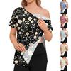 Womens Short Sleeve Asymmetric Neckline Top with Side Zipper and All Over Floral Print Loose Fit Blouse for Casual Wear