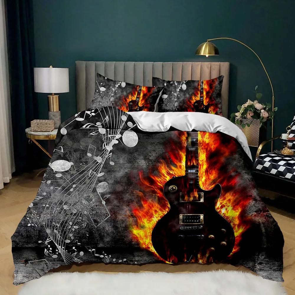 Guitar Duvet Cover Set Electric Guitar In Burning  Musical Creativity Concept Music Double Queen King Size Polyester Qulit Cover