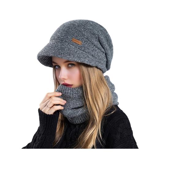 2Pcs/Set Women Winter Hat Scarf Set Solid Color Elastic Thickened Ear Protection Knitting Hat