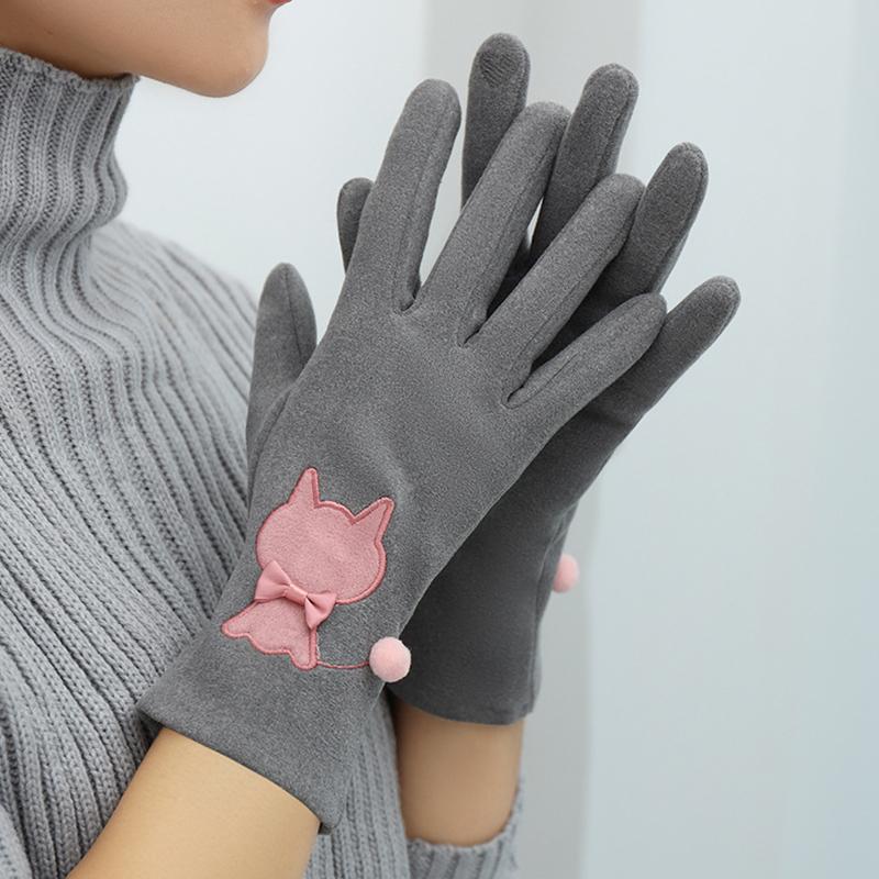 Women Touch Screen Outdoor Gloves Winter Fleece Riding Cat Embroidery Driving Elastic Gloves Warm One Size Fits All