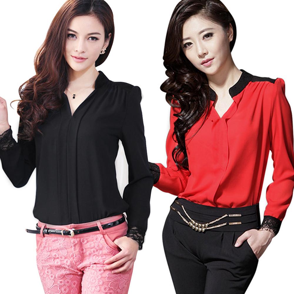 

Мода Женщины Кружева Строжка Рубашка Повседневная Тонкая Блузка с длинным рукавом Топы