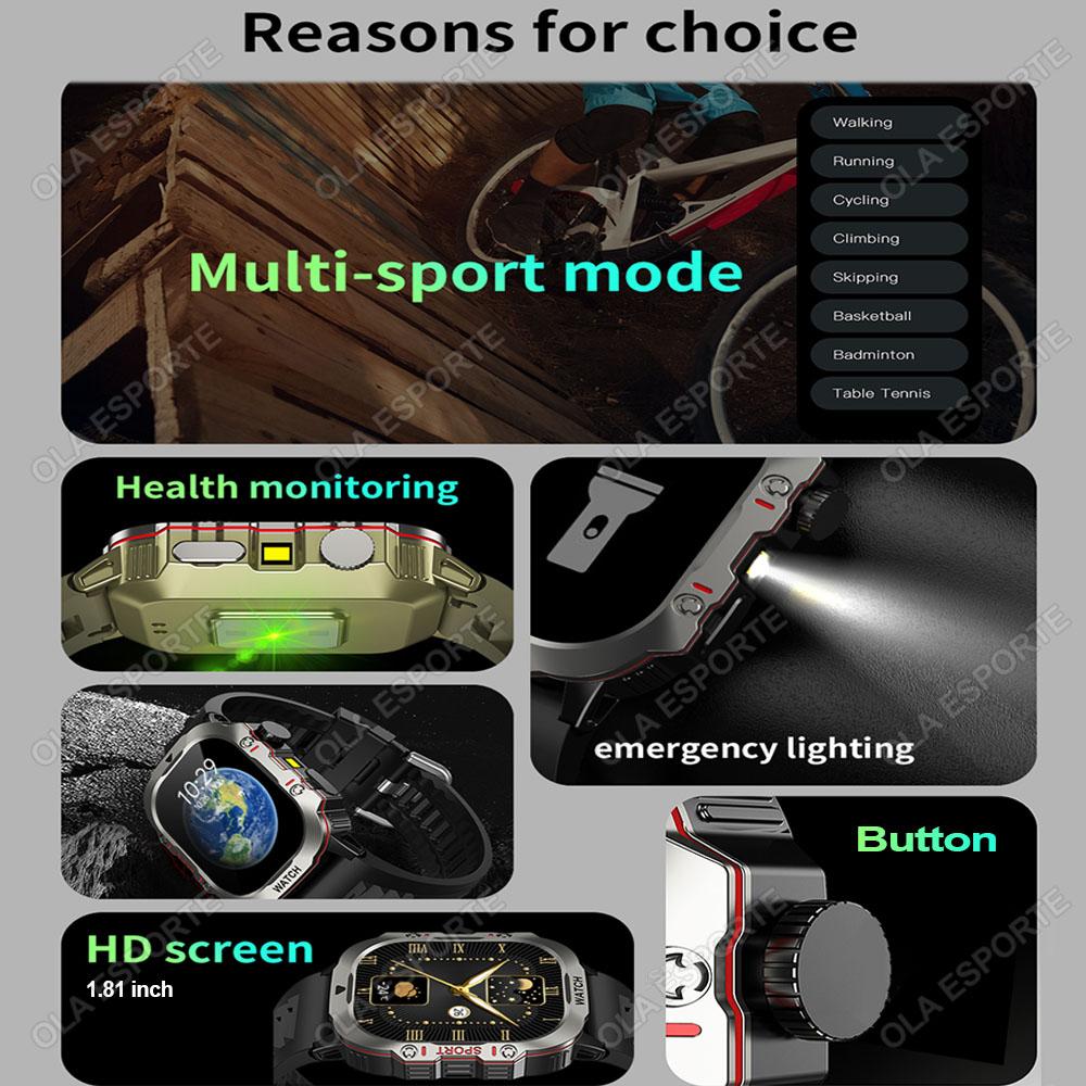 New Military Smart Watch Men IP68 5ATM Outdoor Sports Fitness Tracker Health Monitoring 1.81Inch Bluetooth Calls Smartwatch