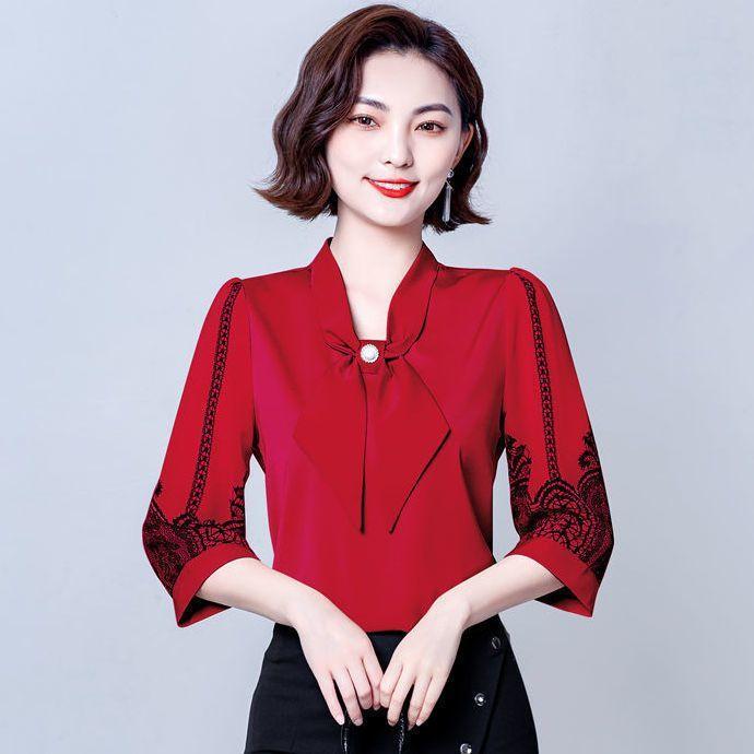 Women's Shirt Top Bow Loose Base Shirt Chiffon Shirt