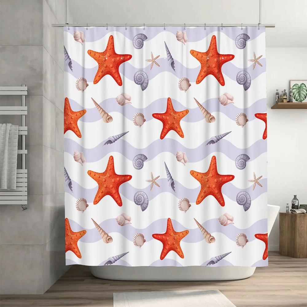 Seashell Starfish Bath Shower Curtain Nautical Decor for Bathroom 3D Printed Fabric Waterproof Curtains in Multiple Colors