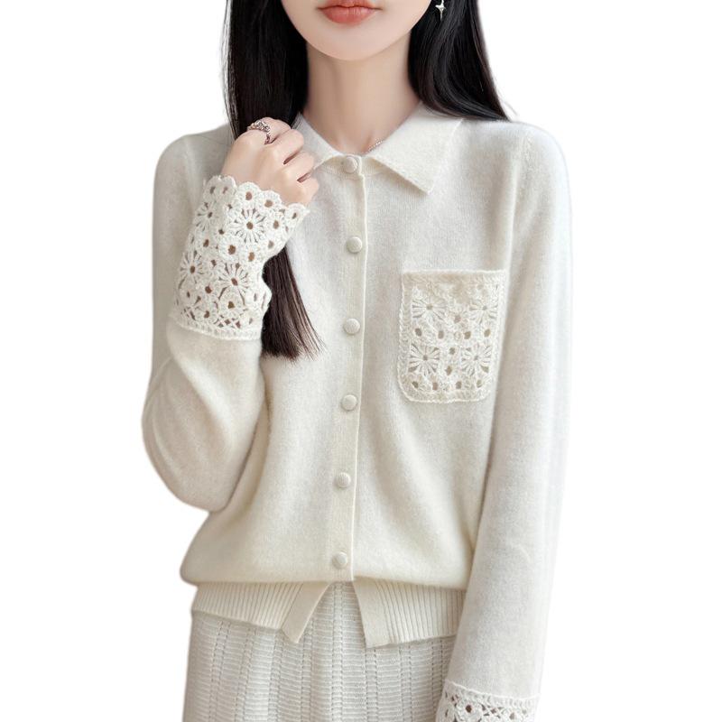 Women's Autumn/Winter Loose Fit Wool Cardigan with Polo Collar and Pockets