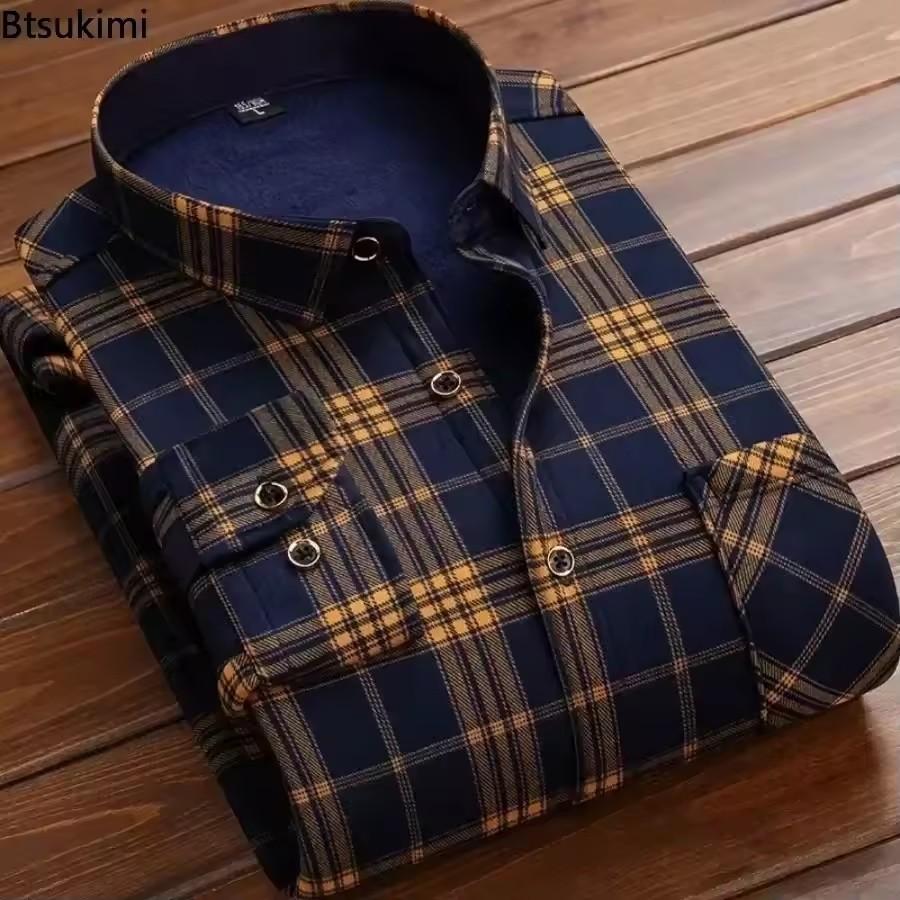 2025 Men's Autumn Winter Thick Warm Long Sleeve Plaid Shirt Thick Fleece Warm Casual Shirts for Men Oversized Plaid Shirts Male