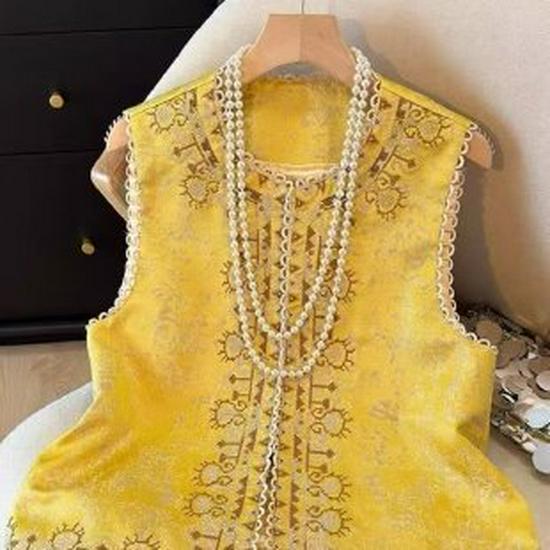 Elegant 2026 Retro Jacquard Spring Vest for Middle-Aged Women Quadruple Extra Large жёлтый