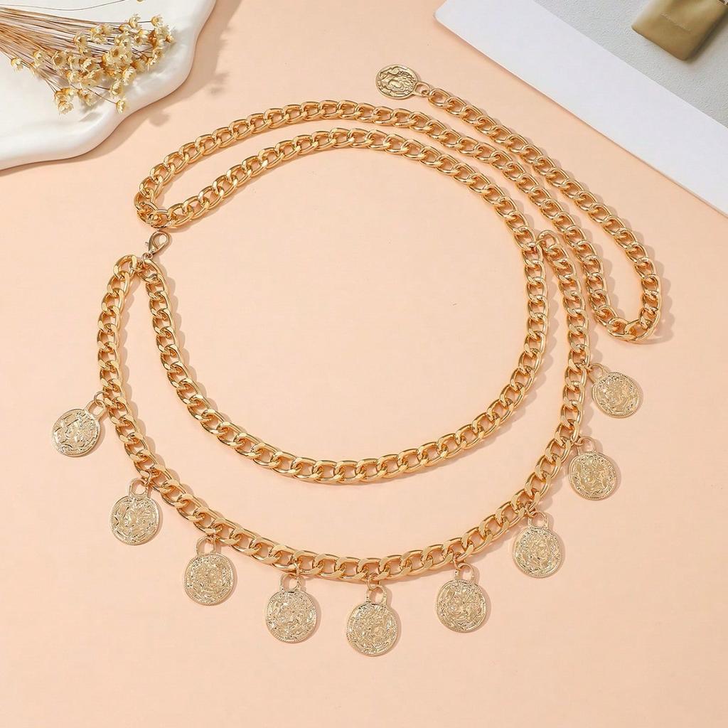 Retro Metal Coin Tassel Waist Chain for Women, Paired with A Sexy Double Layered Embossed Chain Belt for Skirts