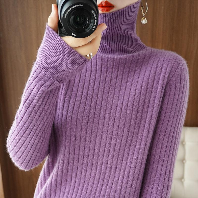 

Женский свитер с высоким воротом, однотонный, с длинным рукавом, модный полосатый базовый облегающий пуловер, теплый вязаный свитер, можно сочетать с пальто XXL фиолетовый