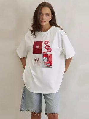 Chic Heart Letter Printed T-shirts Women Loose O-neck Half Sleeve Oversize Female Tee 2025 Summer Fashion Lady Outwears