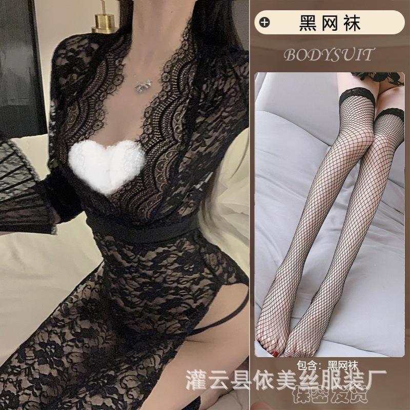 Sexy Sexy Female Lace Seduction Passion Perspective Suit Hot Side Split Hollow Uniform