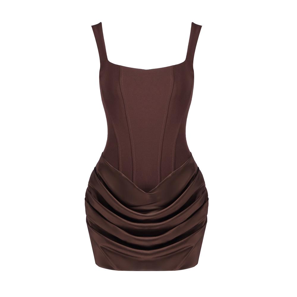 Square Neck Sleeveless Mini Dress with Pleated Waist Medium коричневый
