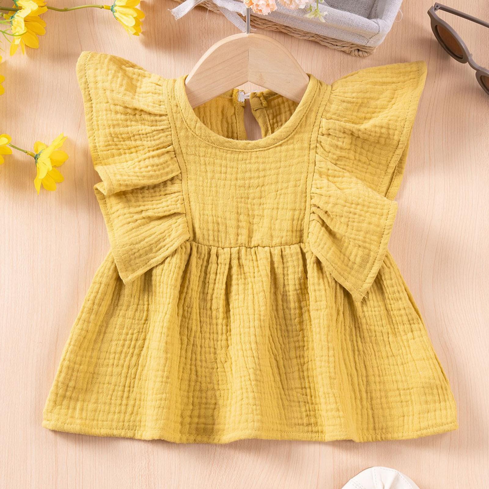 

Летняя детская футболка, милый пуловер, однотонный, для девочек, милая, маленькая, с рукавами-крылышками, повседневная рубашка 120