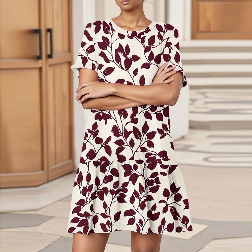 Damenmode Lässig Rundhals Kurzarm Blatt Floral Print Kleid